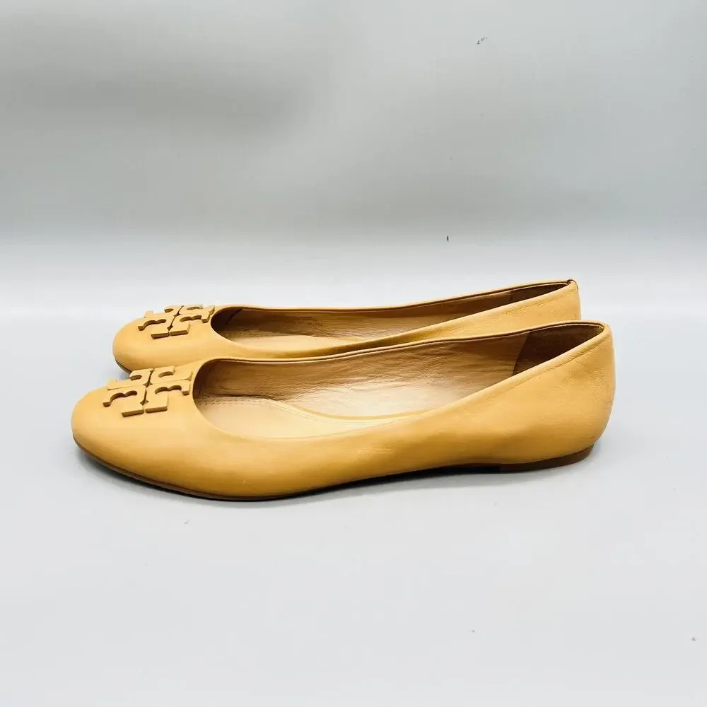 Tory Burch Shoes Womens 11 Beige Leather Medallion Ballet Flats Slip On Casual